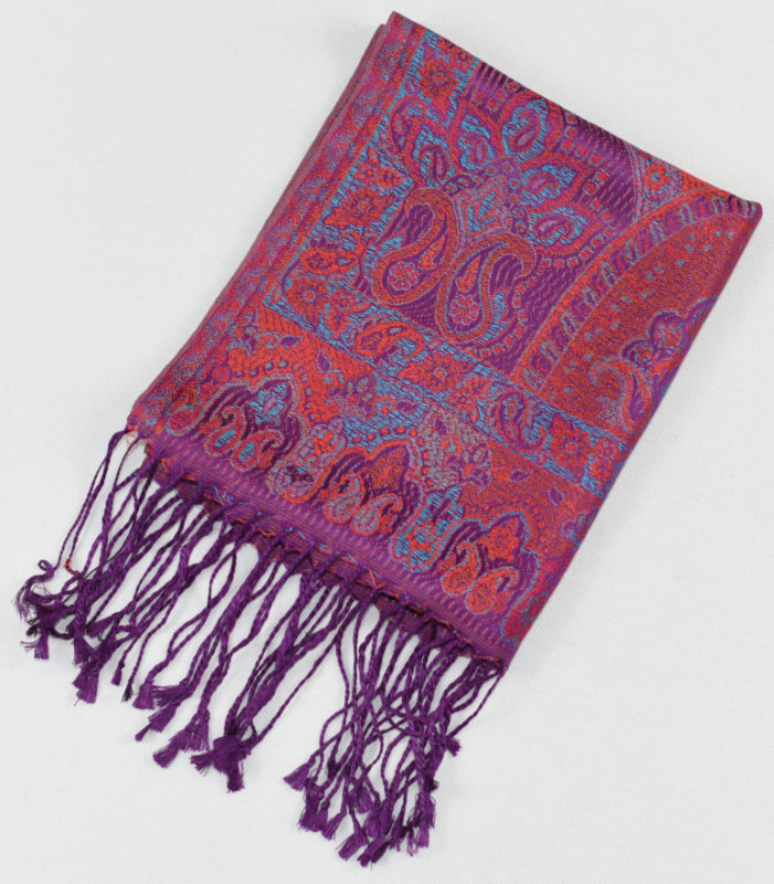 Hedvábná šála Jamawar malá - fialová s ornamenty