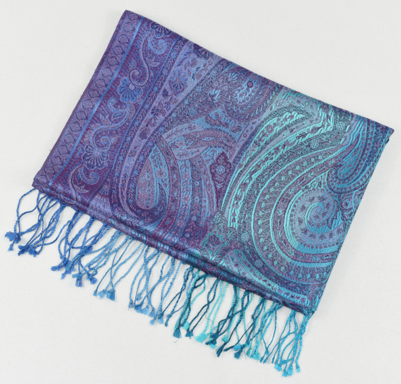 Hedvábná šála Jamawar velká - Tyrkysová a nebesky modrá s ornamenty