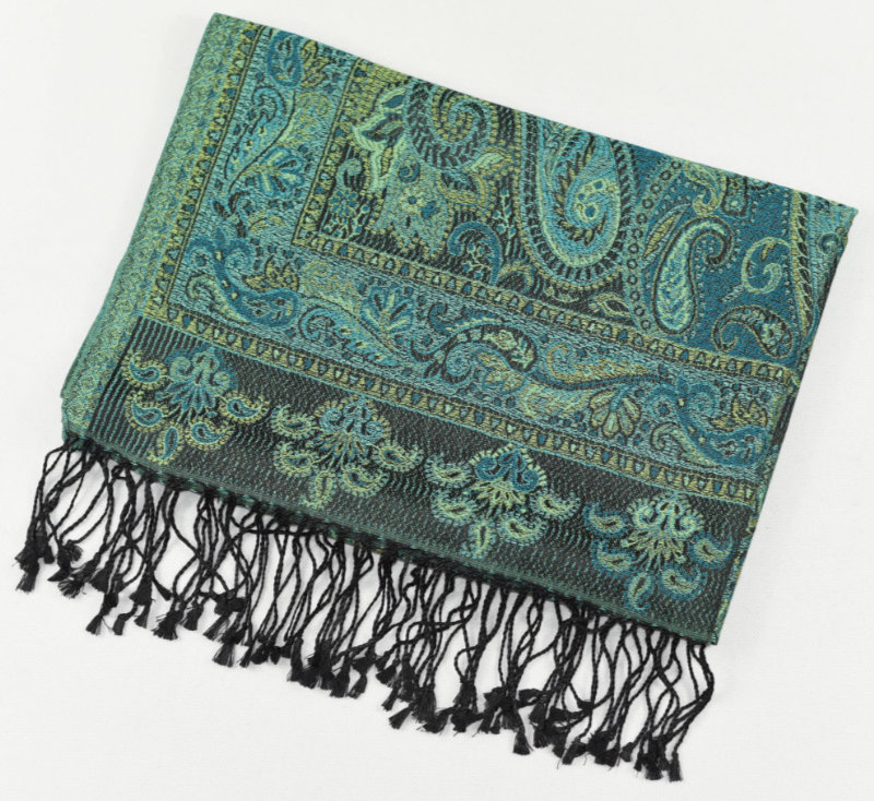 Hedvábná šála Jamawar velká - Černá a modrá s ornamenty