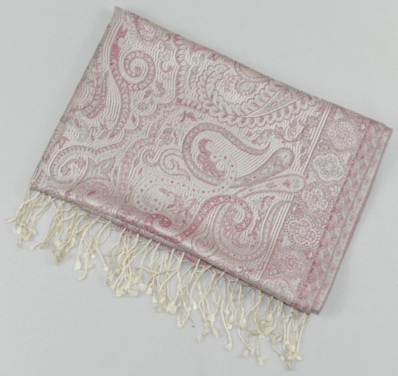 Hedvábná šála Jamawar velká - Smetanová a růžová s ornamenty