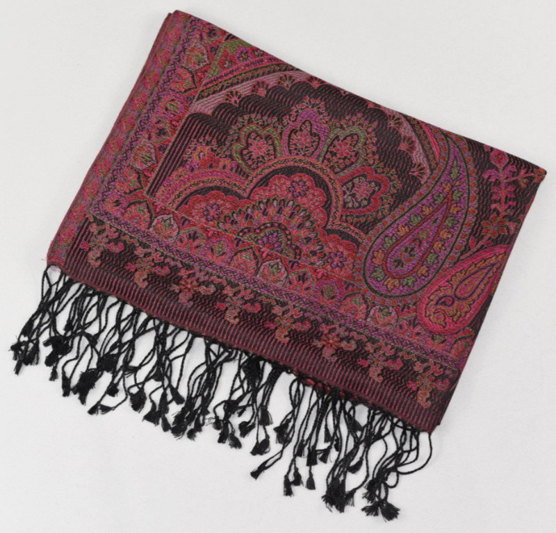 Hedvábná šála Jamawar velká - Černá a růžová s ornamenty