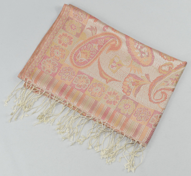 Hedvábná šála Jamawar velká - Béžová, růžová a oranžová s ornamenty
