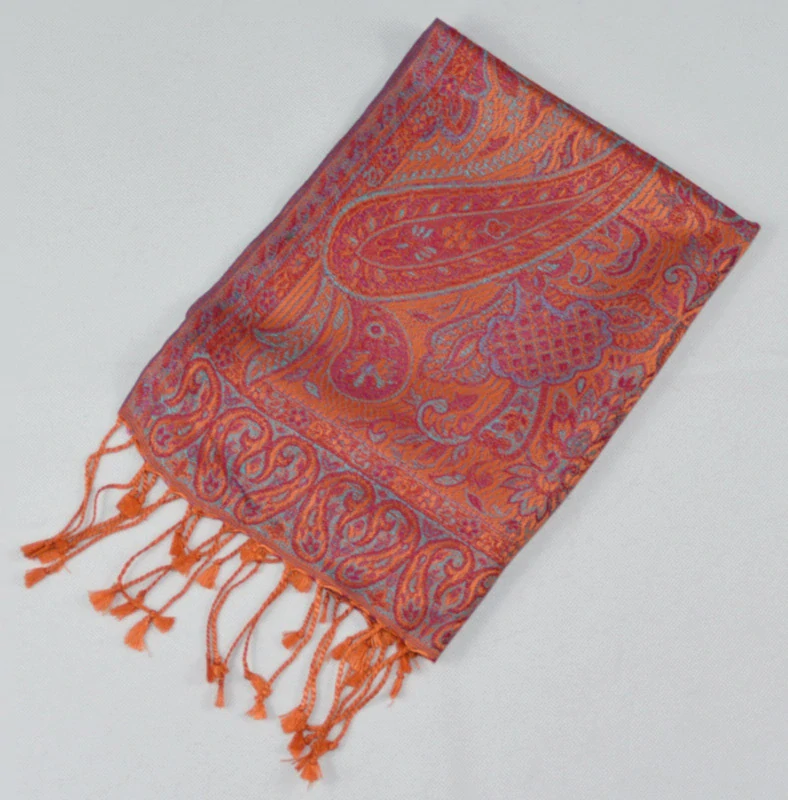 Hedvábná šála Jamawar malá - oranžová a růžová s ornamenty