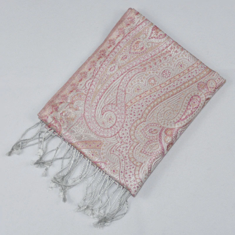 Hedvábná šála Jamawar malá - Světle šedá a růžová s ornamenty