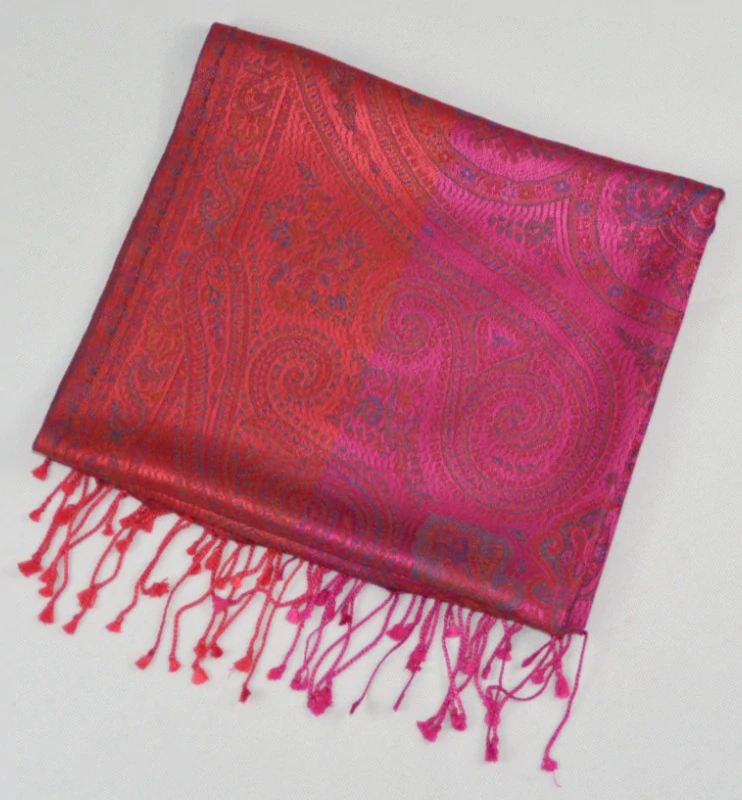 Hedvábná šála Jamawar střední - Růžová a červená s ornamenty 2