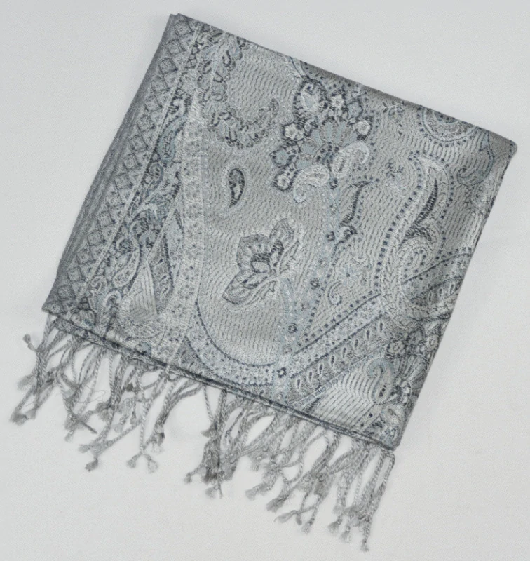 Hedvábná šála Jamawar střední - Šedá, černá a blankytně modrá s ornamenty 3