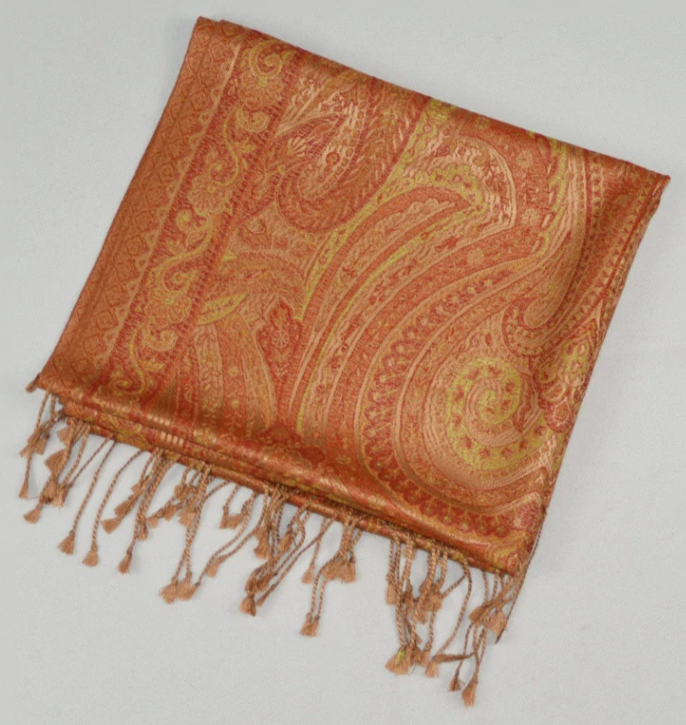 Hedvábná šála Jamawar střední - Bronzová a červená s ornamenty 2