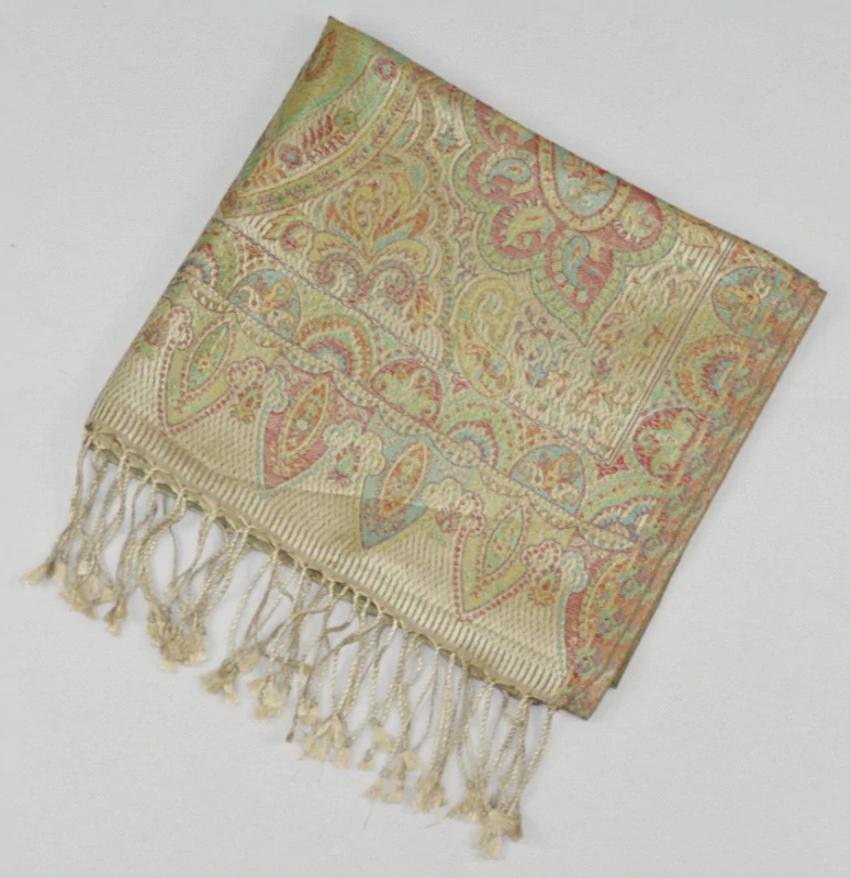 Hedvábná šála Jamawar střední - Zlatobéžová s ornamenty