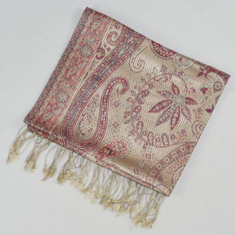 Hedvábná šála Jamawar střední - Béžová a červená s ornamenty 2