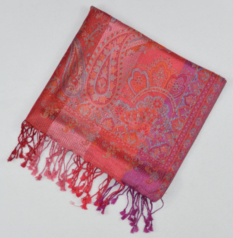 Hedvábná šála Jamawar střední - Červená, růžová, fialová s ornamenty 4