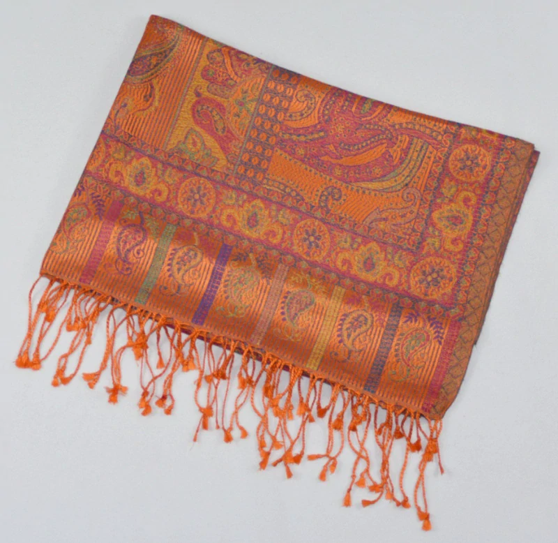 Hedvábná šála Jamawar velká - oranžová s ornamenty 4