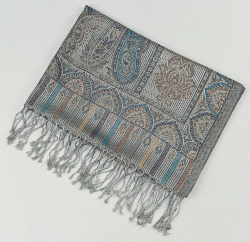 Hedvábná šála Jamawar velká - Šedá a modrá s ornamenty