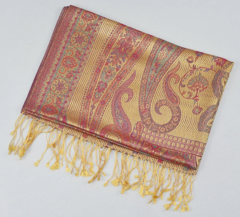 Hedvábná šála Jamawar velká - Žlutá a nachové s ornamenty