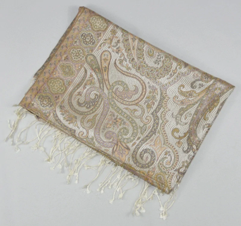 Hedvábná šála Jamawar velká - Smetanová a okrově hnědá s ornamenty