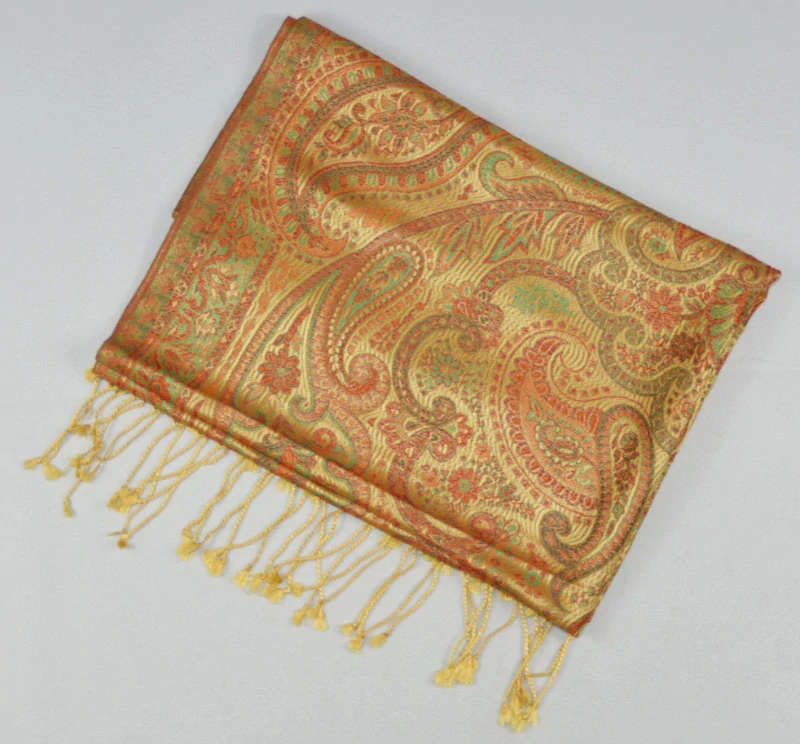 Hedvábná šála Jamawar velká - Žlutá a oranžová s ornamenty 3
