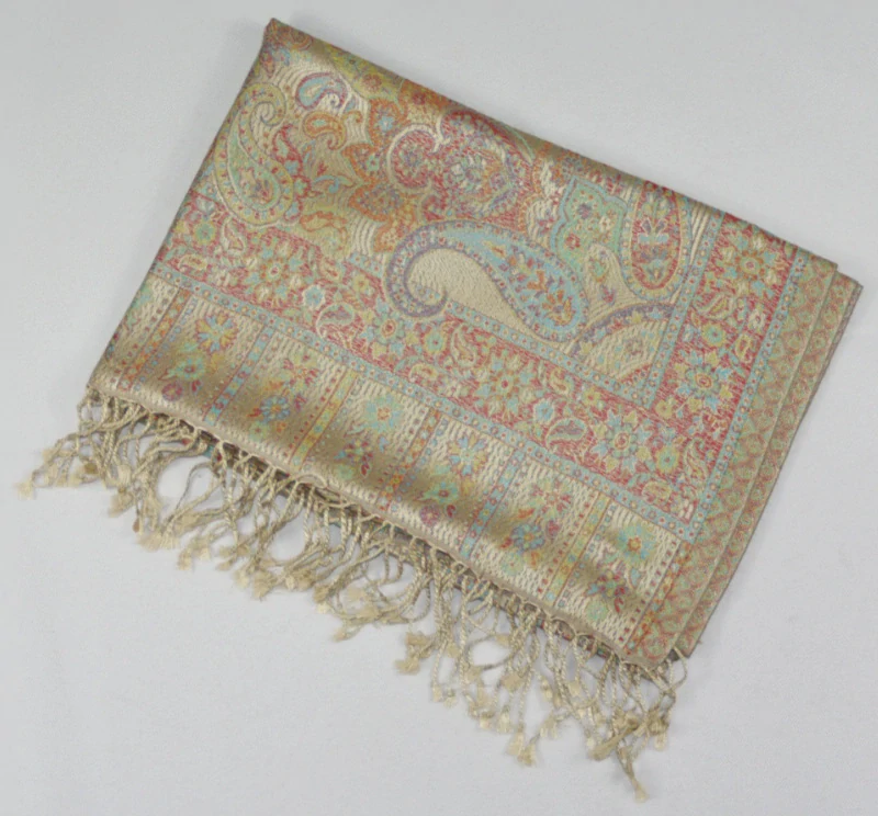 Hedvábná šála Jamawar velká - Zlatobéžová s ornamenty 2