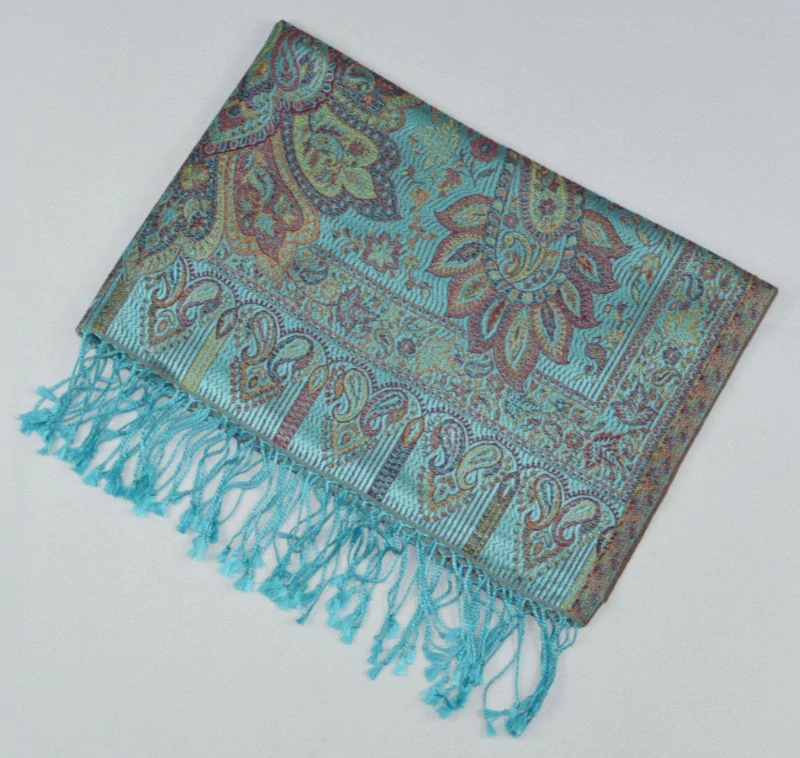 Hedvábná šála Jamawar velká - Azurová s ornamenty 3