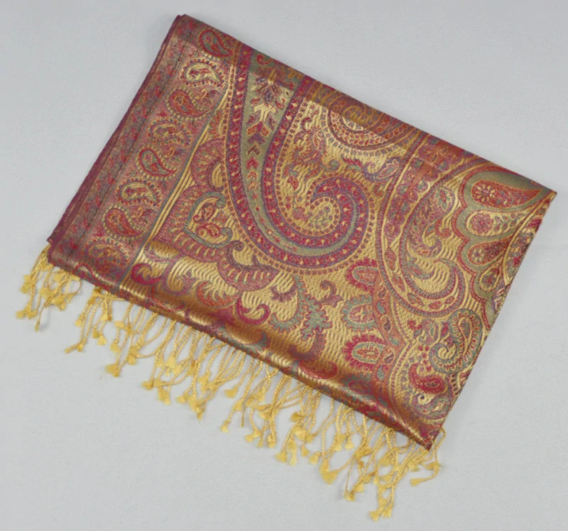 Hedvábná šála Jamawar velká - Žlutá a nachová s ornamenty 2