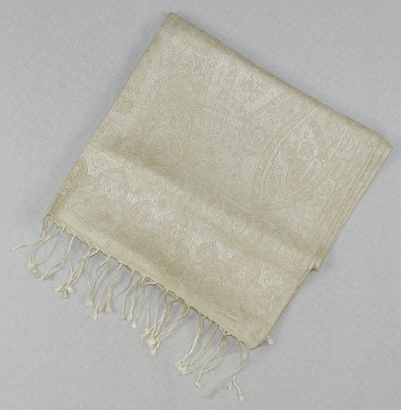 Hedvábná šála Jamawar střední - Smetanová a okrově hnědá s ornamenty 3