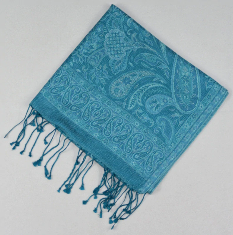 Hedvábná šála Jamawar střední - Kachní modrá a tyrkysová s ornamenty