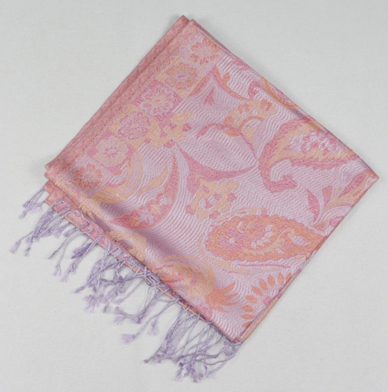 Hedvábná šála Jamawar střední - šeříková a oranžová s ornamenty