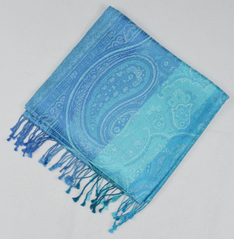Hedvábná šála Jamawar střední - Tyrkysová a nebesky modrá s ornamenty