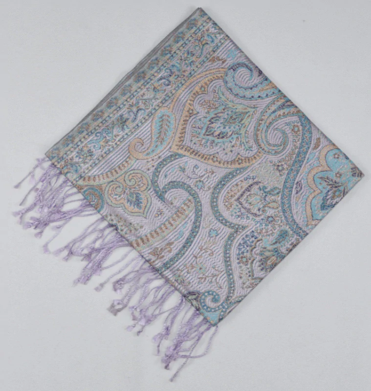 Hedvábná šála Jamawar střední - šeříková a tyrkysová s ornamenty