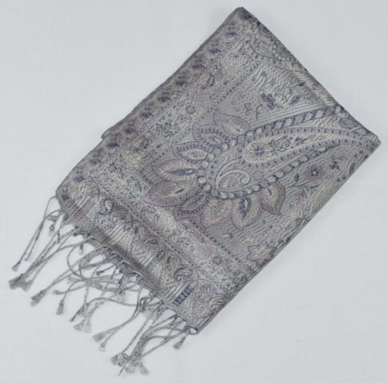 Hedvábná šála Jamawar malá - Šedá a noční modrá s ornamenty