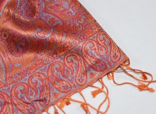 Hedvábná šála Jamawar malá - oranžová a růžová s ornamenty