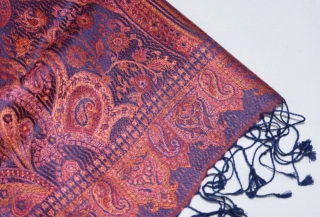 Hedvábná šála Jamawar malá - Noční modrá a oranžová s ornamenty